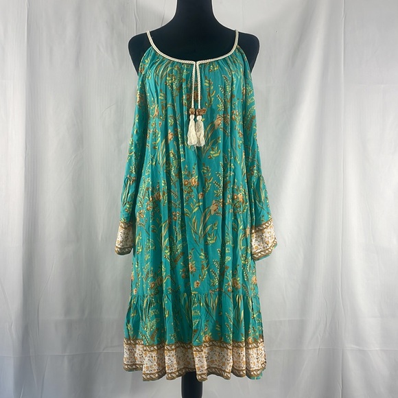 Boho Turquoise Floral  dress,cut out shoulders, tassel front trim,Large - Picture 8 of 8